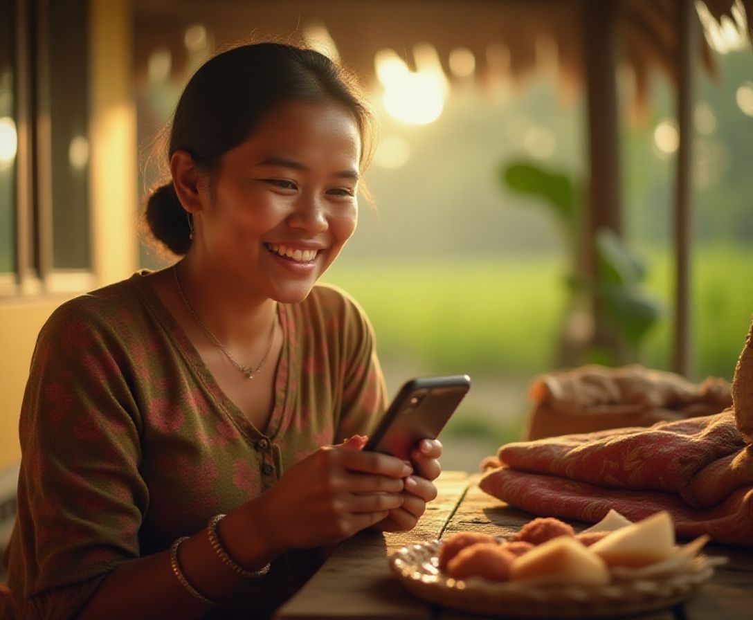 Seorang wanita di desa tersenyum sambil memanfaatkan ponselnya untuk memasarkan produk lokal, menggambarkan adaptasi masyarakat desa dalam era digital.
