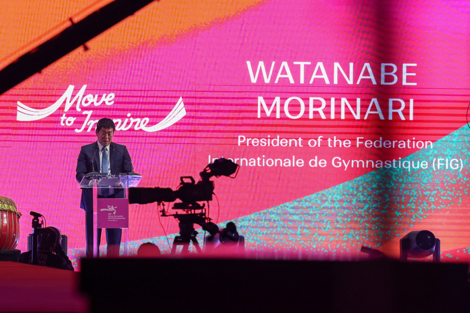 Presiden Federasi Gimnastik Dunia (FIG), Morinari Watanabe, menyebut penyelenggaraan di Jakarta sebagai momentum bersejarah. (Foto Humas Kemenpora)