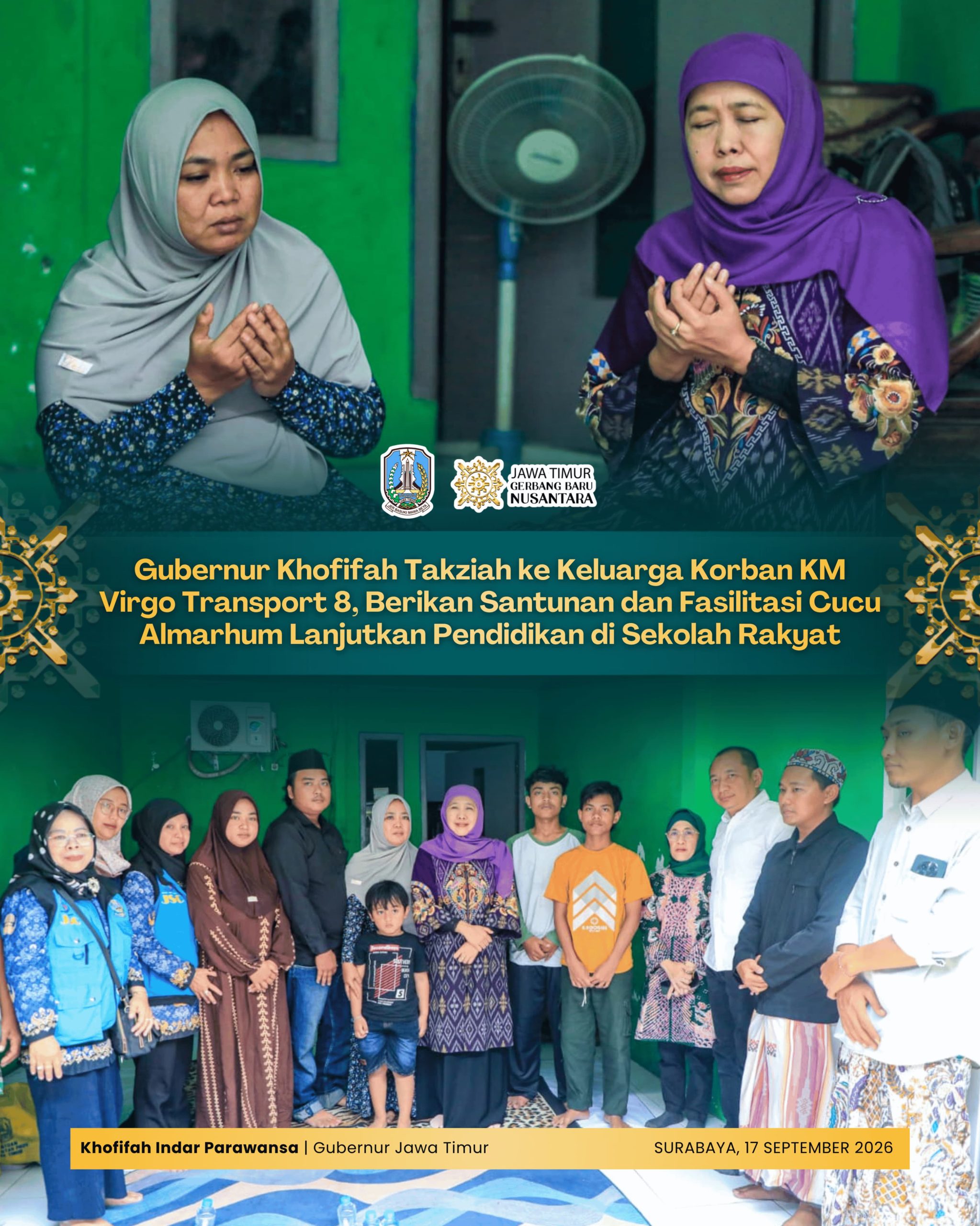 Takziah ke Keluarga Korban KM Virgo Transport 8, Khofifah Berikan Santunan dan Dukungan Pendidikan