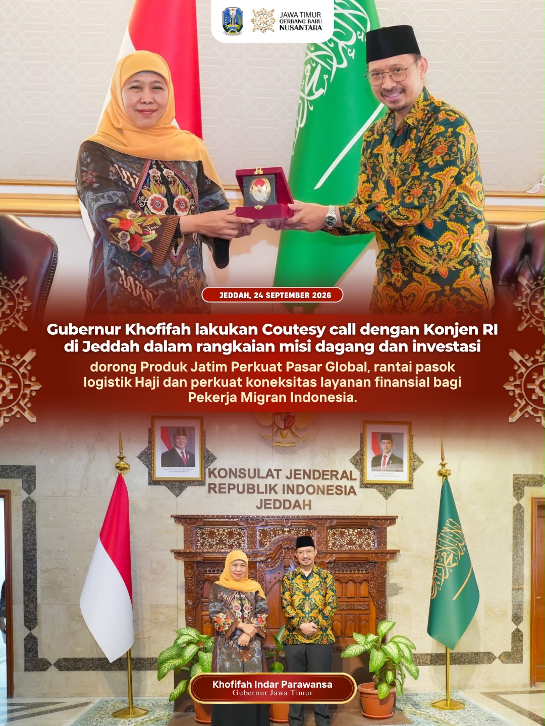 Khofifah Courtesy Call dengan Konjen RI di Jeddah, Bahas Produk Jatim dan Layanan Finansial PMI