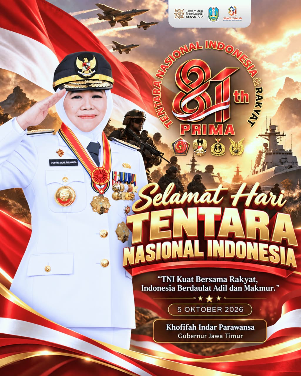 Peringatan HUT ke-81 TNI, Khofifah Apresiasi Pengabdian Prajurit untuk Negeri