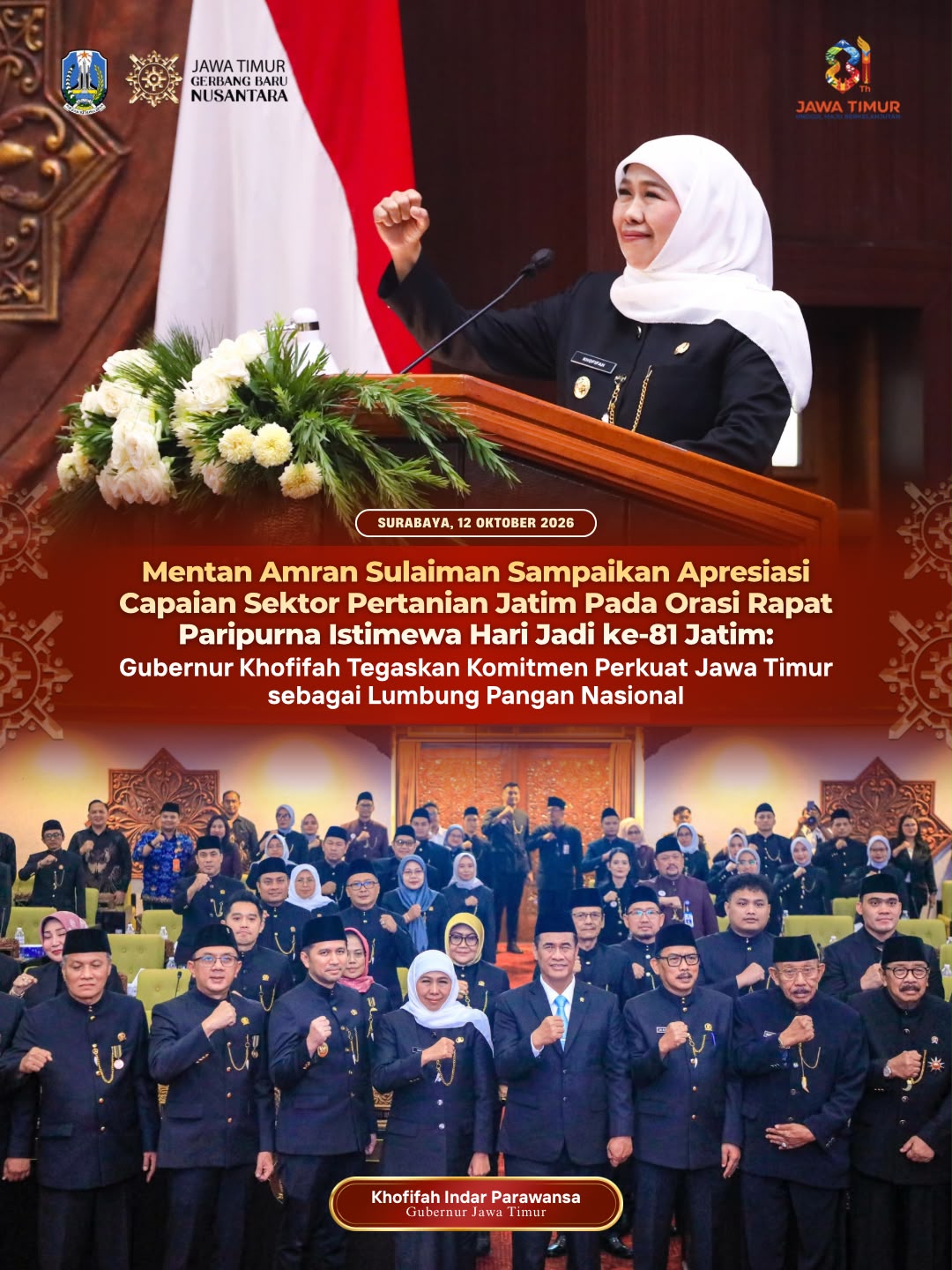 Mentan Amran Apresiasi Pertanian Jatim pada HUT ke-81, Khofifah Perkuat Peran sebagai Lumbung Pangan Nasional