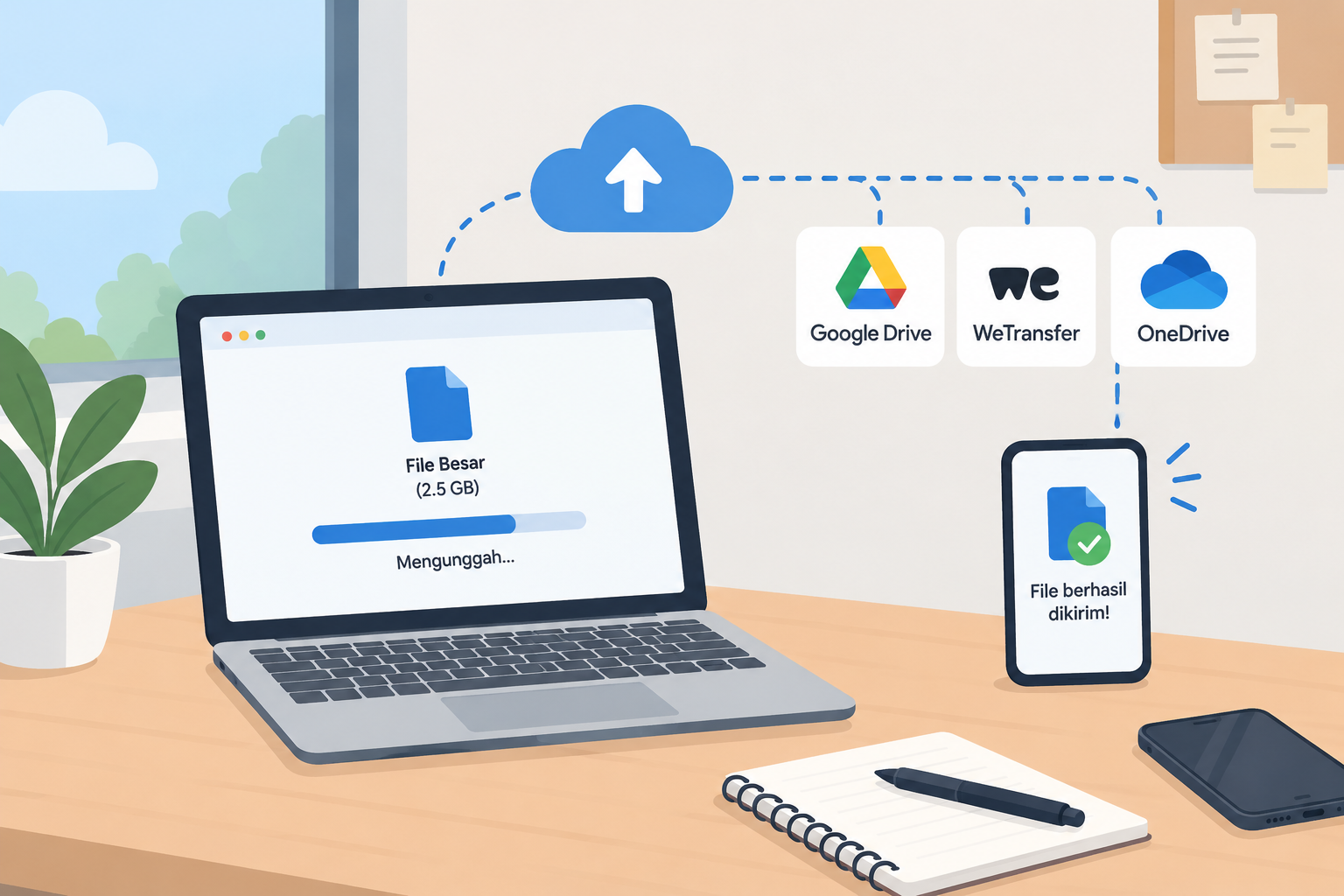 Ilustrasi cara mengirim file besar secara online melalui layanan cloud
